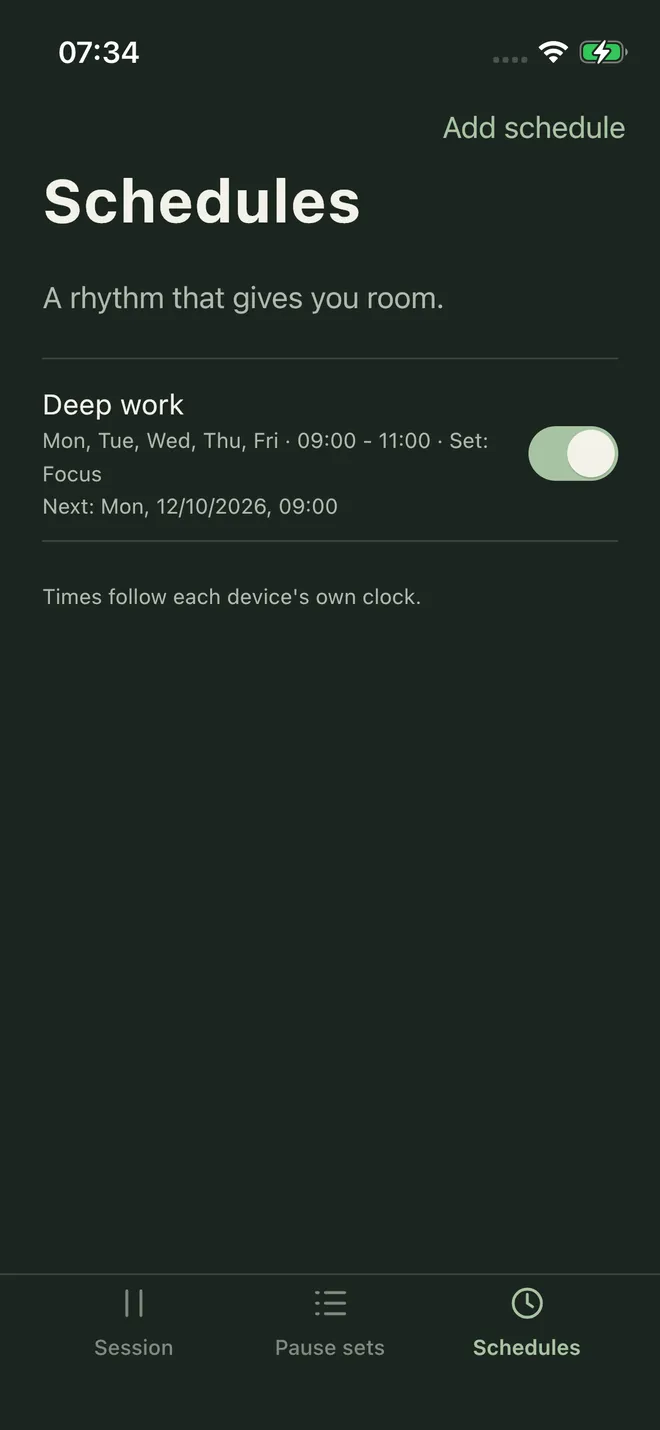 iPhone Schedules screen with a weekday schedule named Deep work