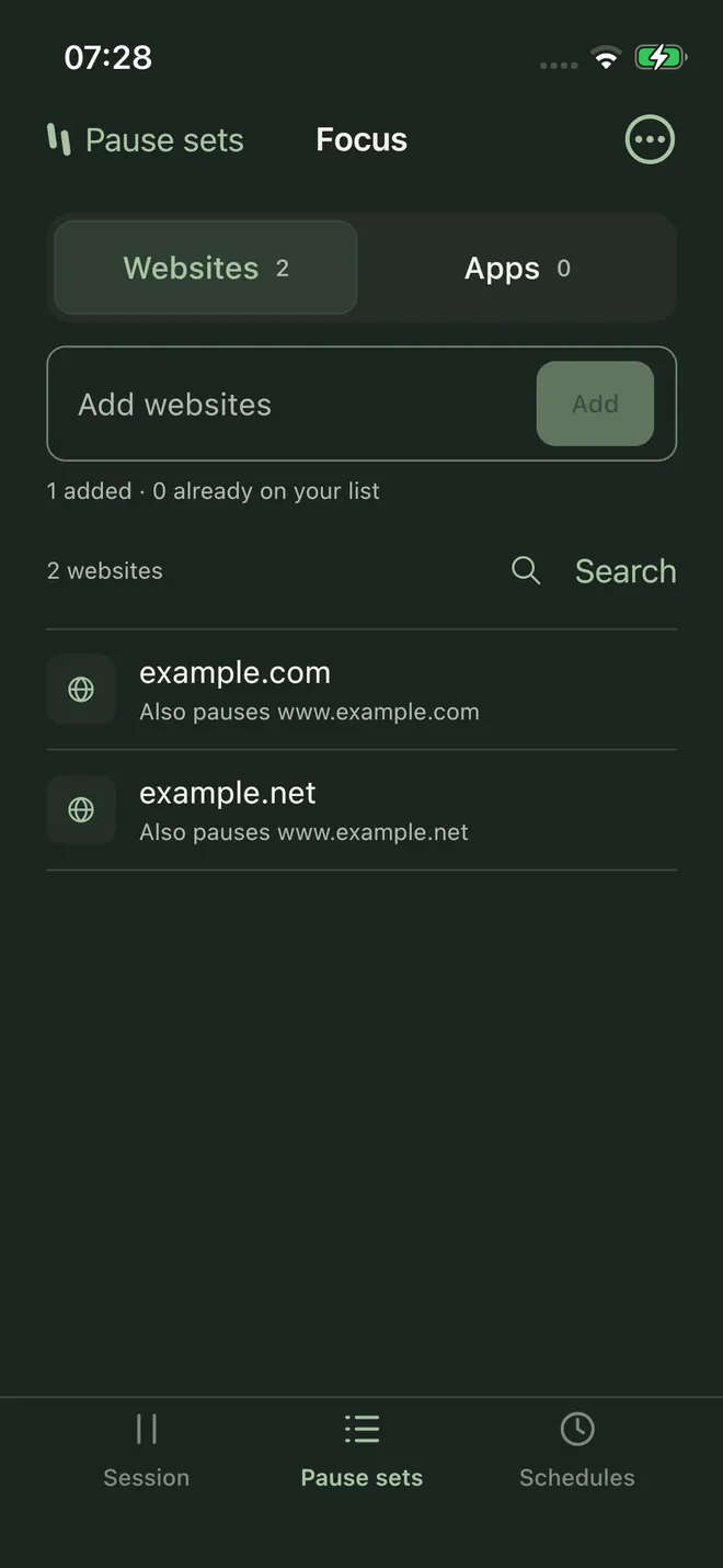 iPhone pause set named Focus with sample website choices